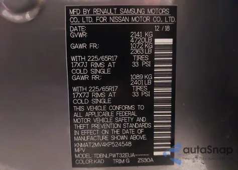 2019 Nissan Rogue S z USA, uszkodzony, nr VIN KNMAT2MV4KP524548